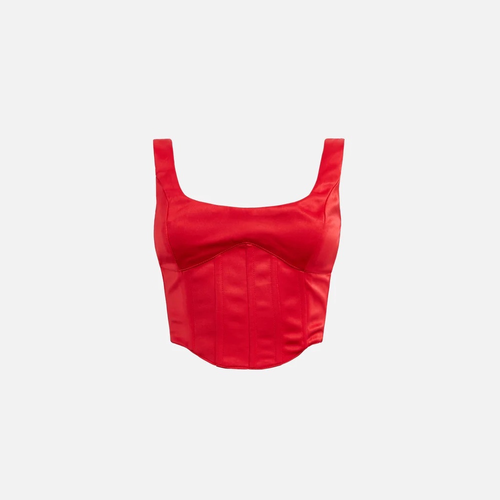Cherry-red top: Elegant, adjustable scoop-neck top in poly-spandex blend.